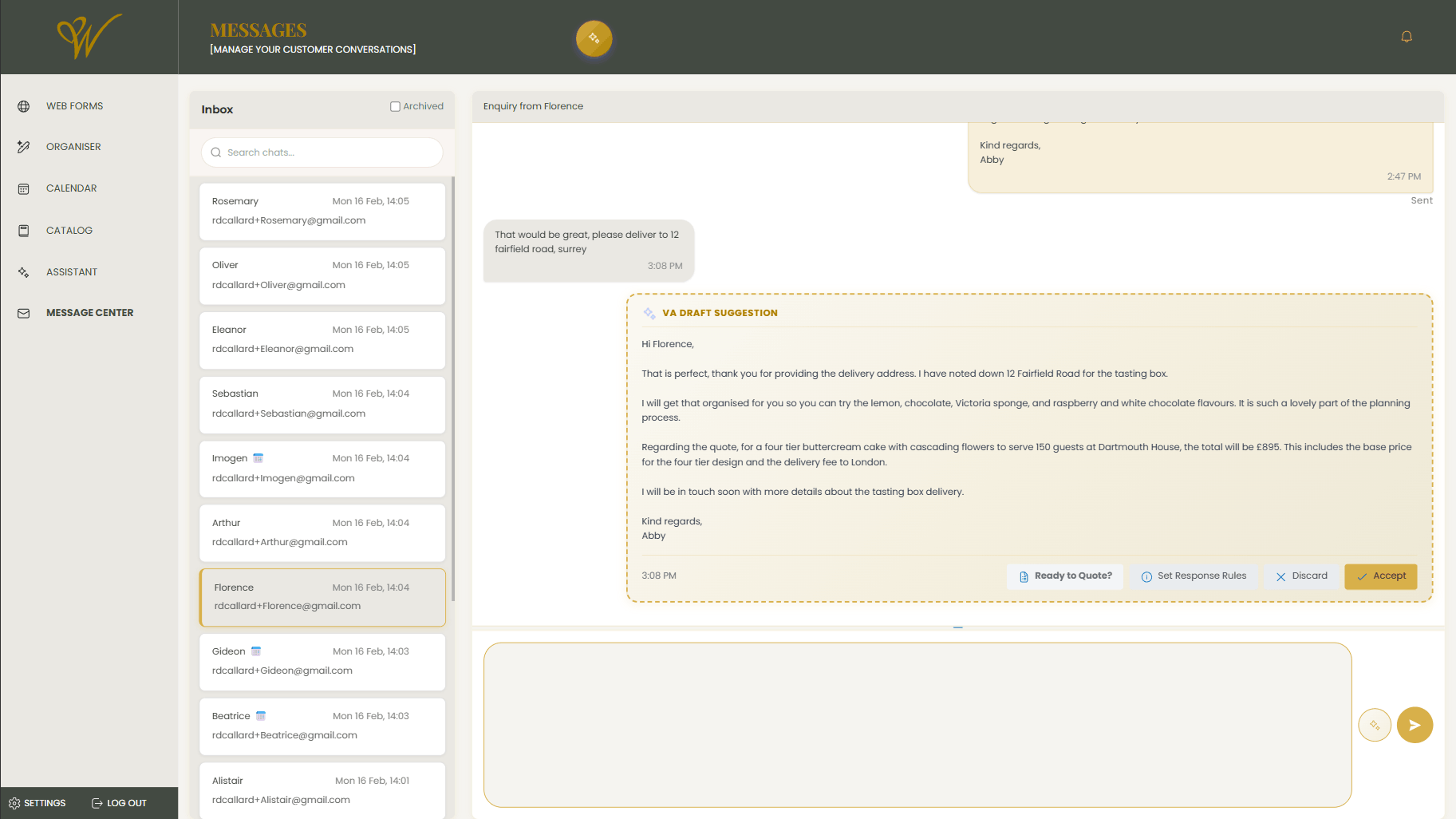 Wedly virtual assistant messaging